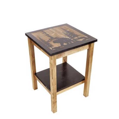 Coast Lamp Mfg - Wholesale Bijzettafel - Volledig houten bijzettafeltje in roestvrij /zwart met berenscène en plank