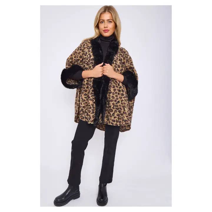 One Size Faux Fur Front Opening Animal Print Cape Sha-Fur485 for wholesale by Superbia