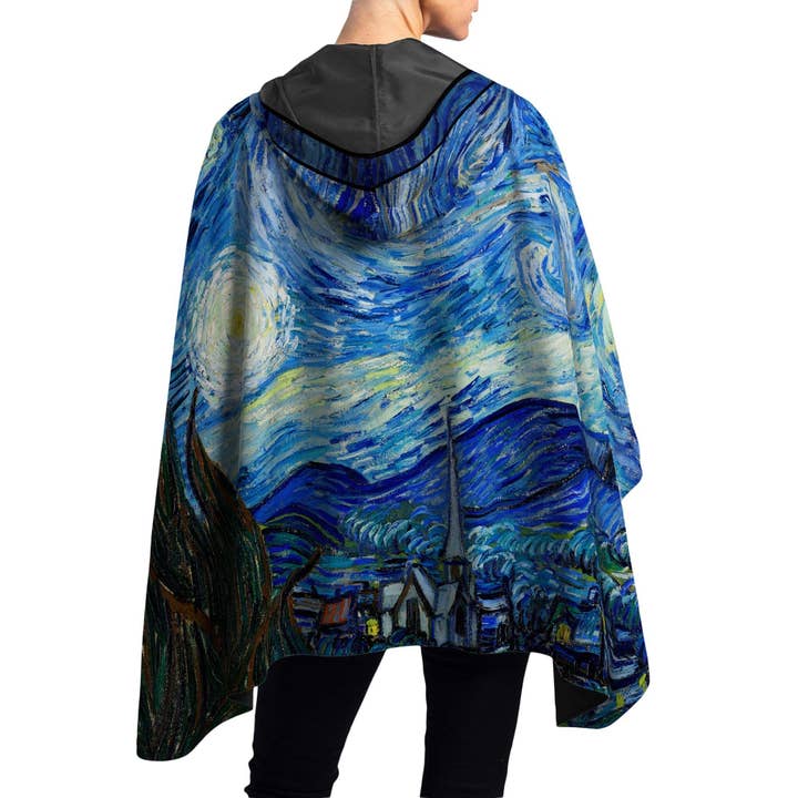 van Gogh Starry Night Reversible Rain Cape – Lightweight Hooded Wrap for Women for wholesale by RainCaper