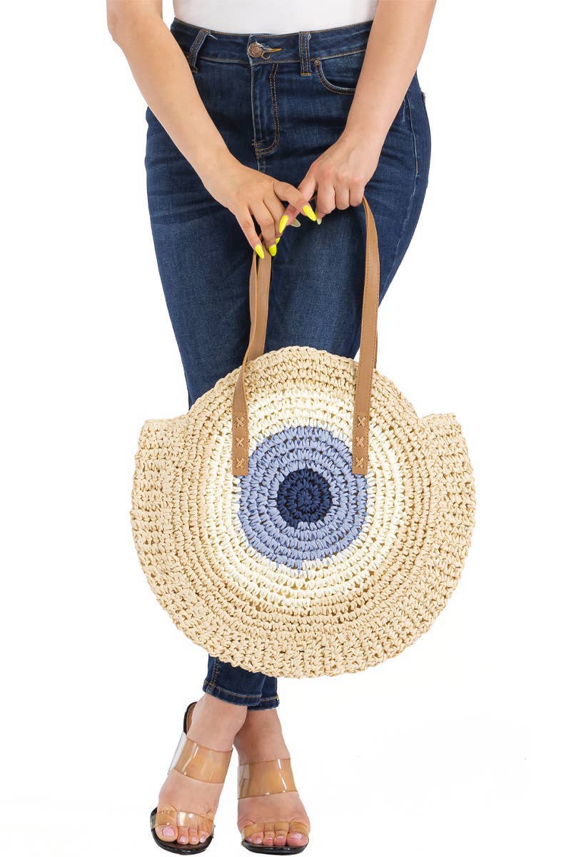 Cap Zone - Wholesale Beach Bag - Boho Evil Eye Rattan Wicker Round Beach Tote Bag11