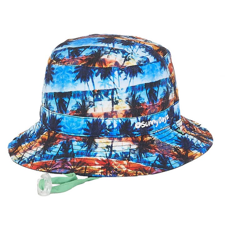 Marine, Chapeau Seau Imprimé Palmier 55 cm, Bord 2,5" pour la vente par Headwear & Handbag Collections by Sun 'N' Sand