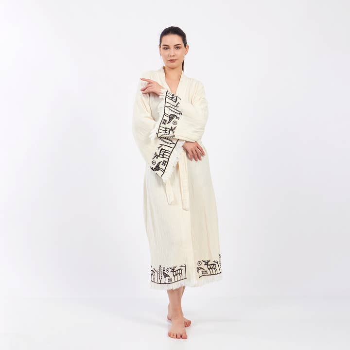 Yaz Concepts - Wholesale Kimono - Women's - Turkish Organic Primitive Pattern Cotton White Kimono Robe