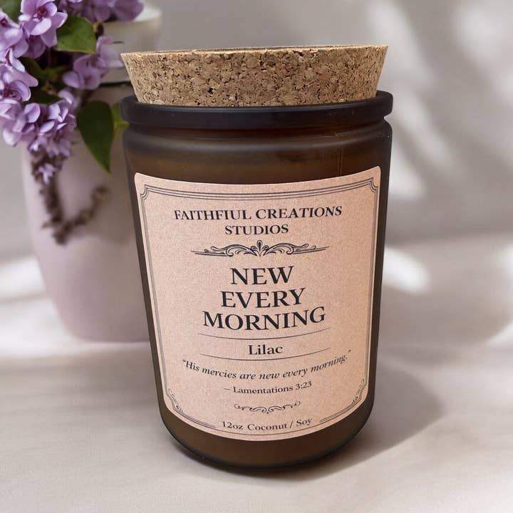 New Every Morning Lilac Candle | 12oz Faith-Inspired Soy for wholesale by Faithful Creations Studios
