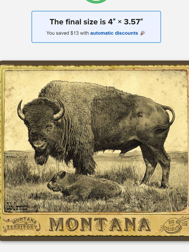 Buffel & Kalv: Montana (Klistermärke)-Vintage Kabinettkort för wholesale av Black Hills Curio Co.-Bob Coronato Licensed Home Décor