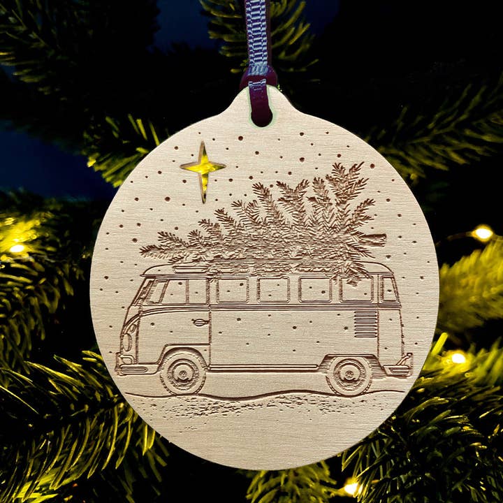 Classic Volkswagen T1 Samba laser etched Christmas bauble for wholesale by Rock & Saltwater