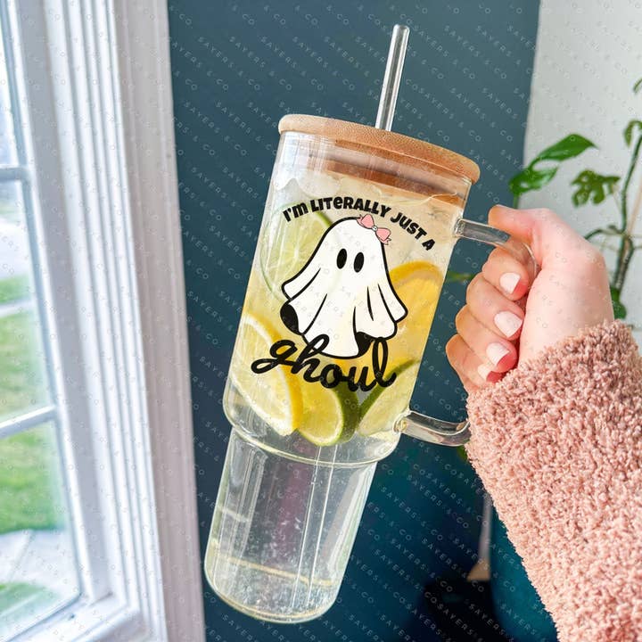 Sayers & Co. - Wholesale Insulated mug/tumbler - 40oz I'm Literally Just A Ghoul Glass Cup with Bamboo Lid & Straw #1003475