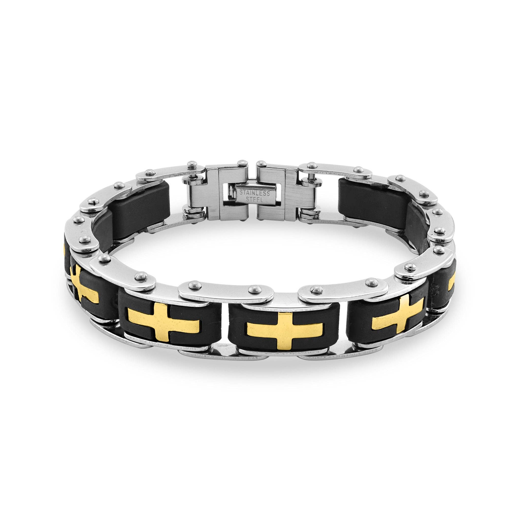 WJW – Großhandel Glieder- & Kettenarmband – Cross-Bike-Kettenarmband aus Edelstahl und 18 Karat Gold mit PVD-Beschichtung2