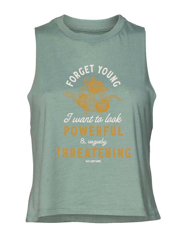 Powerful & Vaguely Threatening Crop Tank for wholesale by Old Lady Gains