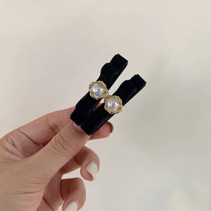 XO Fashion - Wholesale Hair Clip - Women's - HCY006 Ultra-exquisite French Velvet BowTie pearl Hair Clip