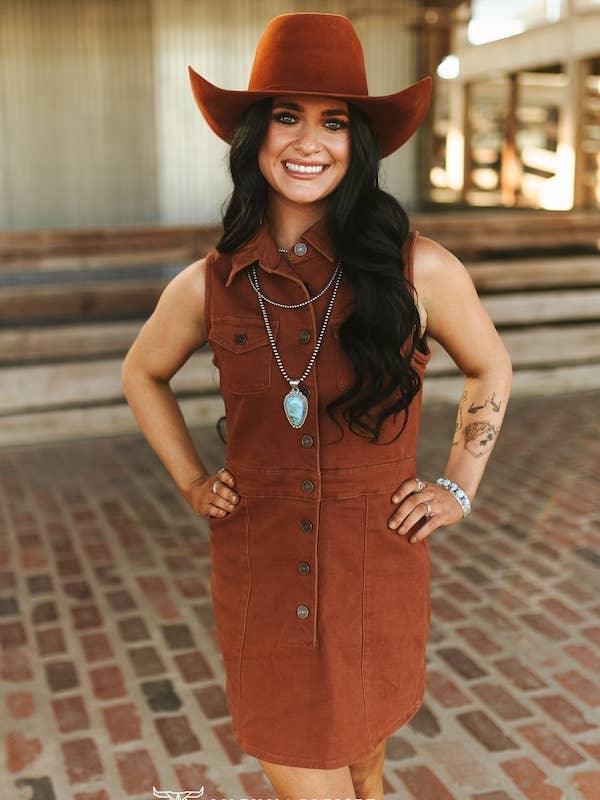 Camel Stretch Denim Button Down Collared Dress for wholesale by LUCKY & BLESSED