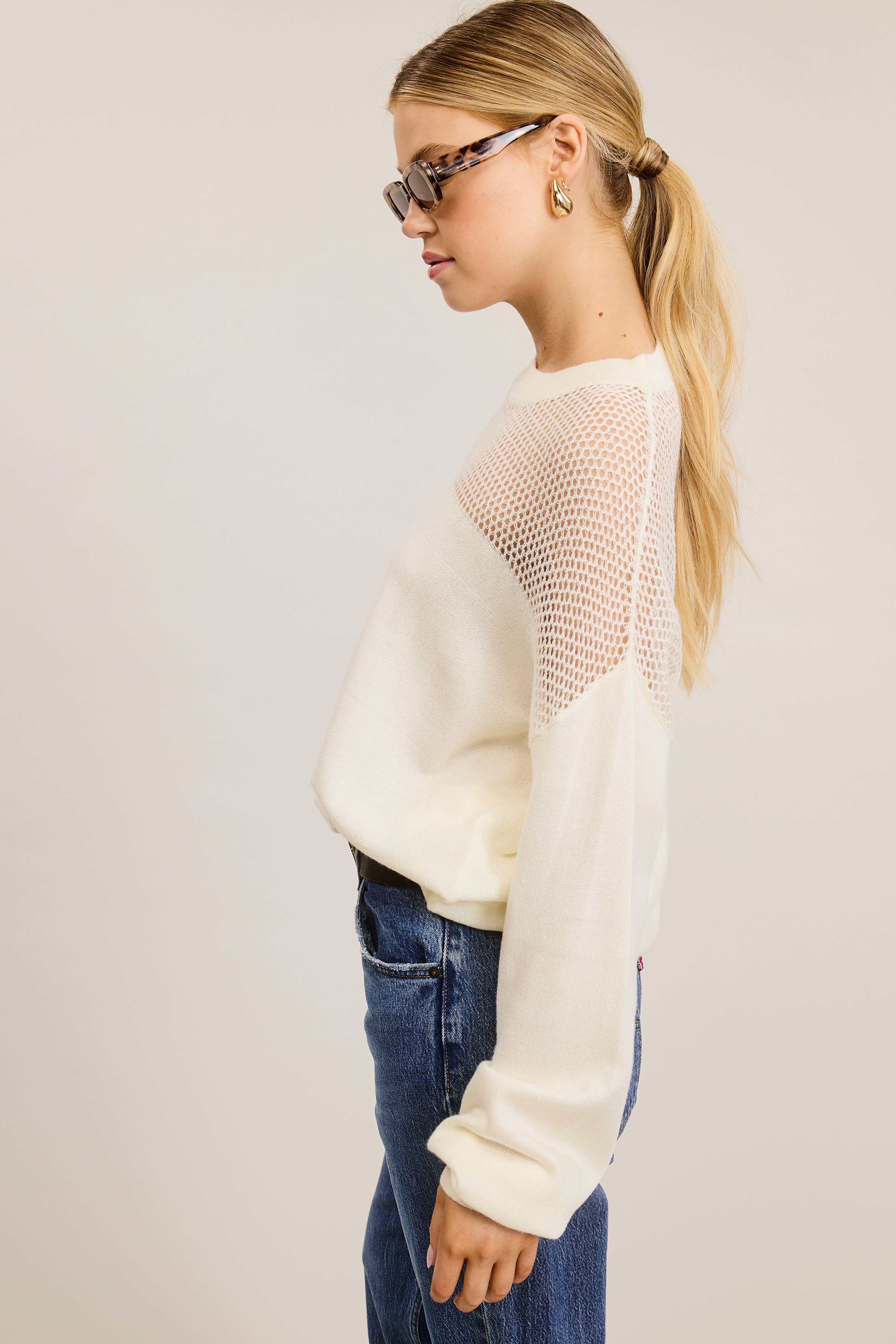 Mimosa - Wholesale Knit Sweater - Women's - Crochet Mesh Long Sleeve Knit Sweater13