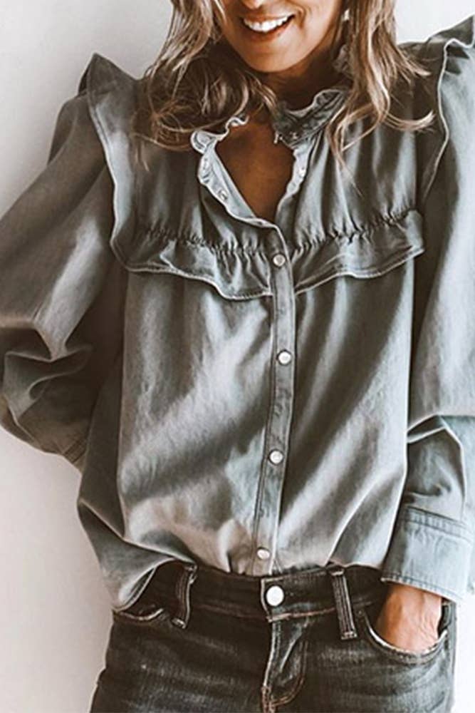 Grey TOPW610 Ruffle Button Closure Denim Blouse Top Women for wholesale on Faire8