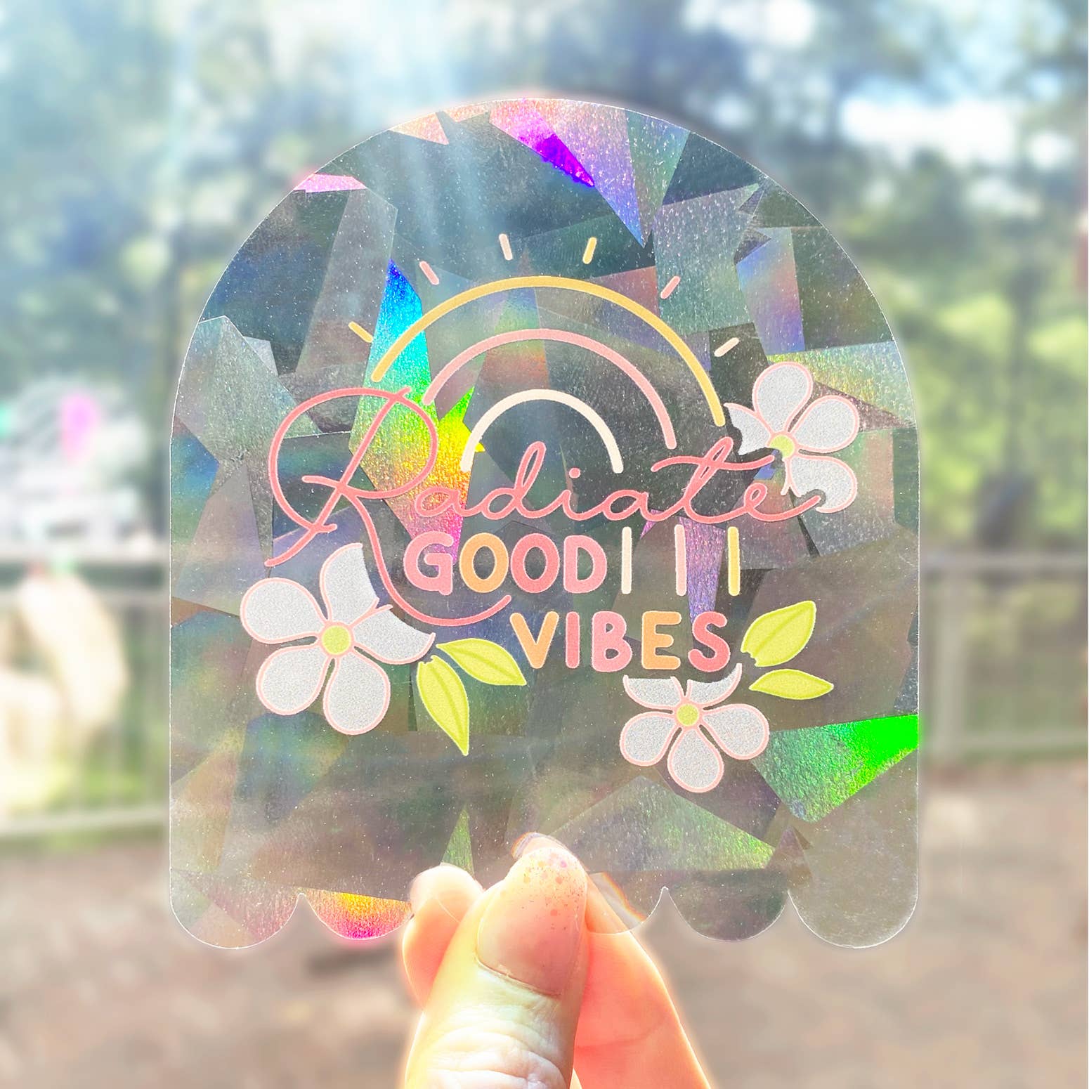 "Radiate Good Vibes" Suncatcher Window Decal Rainbow Sticker for wholesale by The Rosy Redhead