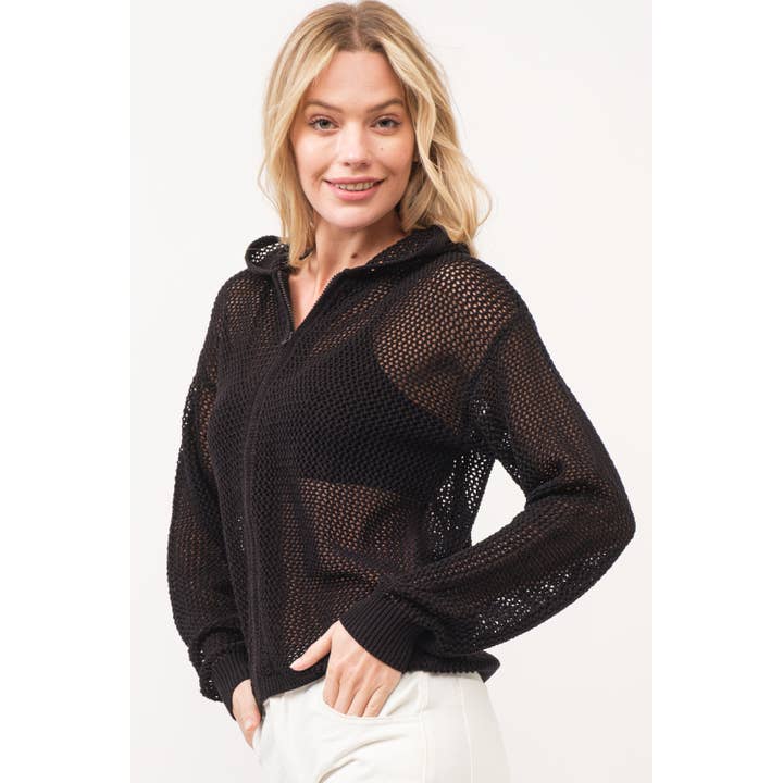 BLACK HQT0001 - Knitted Zip-Up Hooded Cardigan for wholesale on Faire