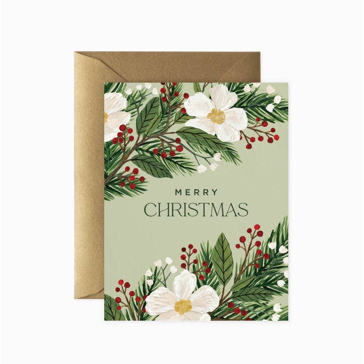 Merry Christmas Floral Greeting Card | Holiday Card for wholesale by Paper Anchor Co.