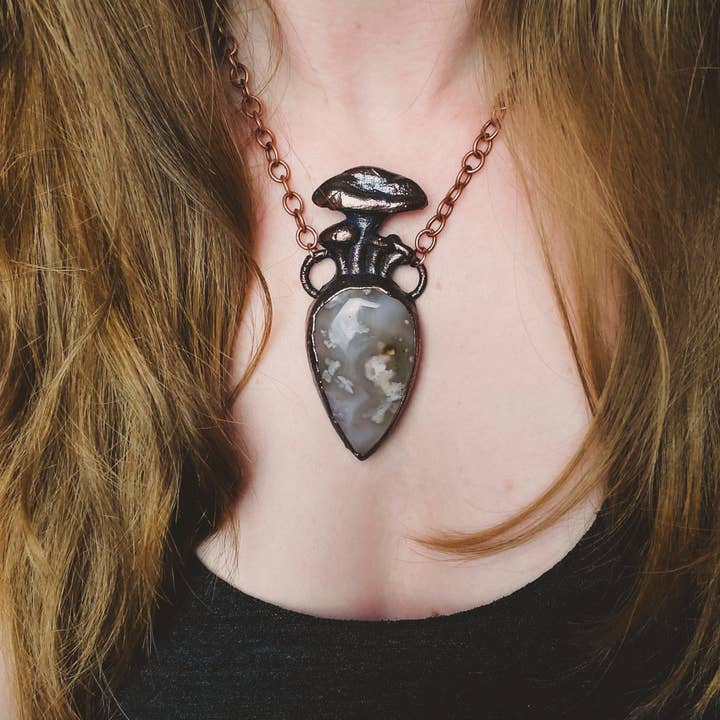 Chanterelle Mushrooms and Flower Agate Electroformed Copper Necklace for wholesale by Copper Bug Jewelry