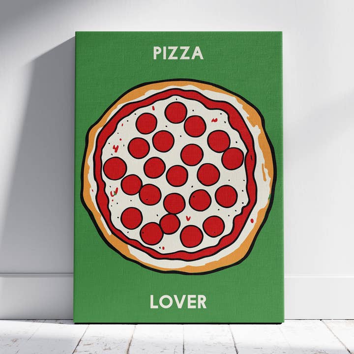 Impression sur toile encadrée - Amoureux de pizza au pepperoni en vert pour la vente par House Prints