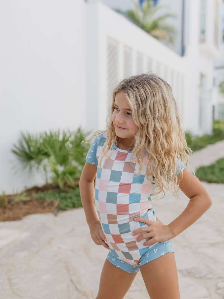 Oopsie Daisy - Wholesale Leotard - Kids - Kids Dusty Blue & Pink Checkered Dance Gymnastics Leotard