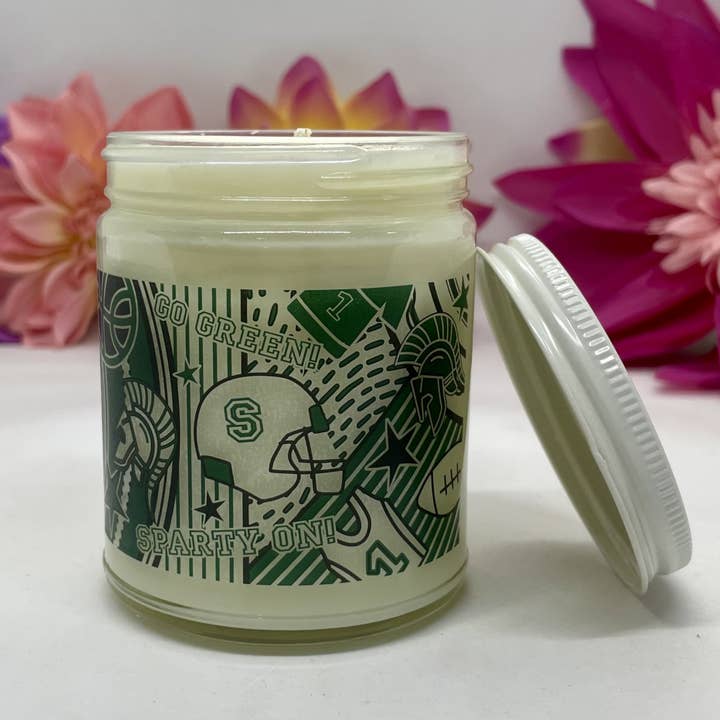 Michigan State University-8oz Soy Candle-Sports-Green-White for wholesale by Jamcat Candles