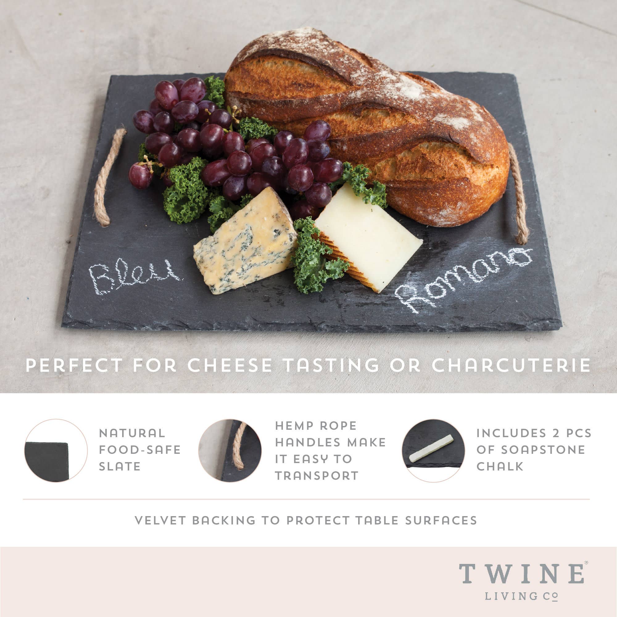 Twine - Wholesale Cheese Board - 15.5 inch Slate Cheese Board w Hemp Handles Includes Chalk4