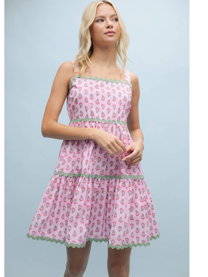 Wishlist Apparel - Wholesale Dress - Women's - FLORAL RIC RAC TRIM TIERED MINI DRESS / WL24-9913