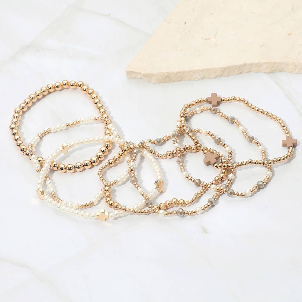 Sensibling Corp. - Wholesale Jewelry Set - 7PCS - Cross Pearl Metal Ball Beaded Stretch Multi Layered Bracelets16
