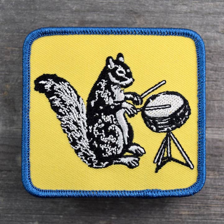 Ferdinand Drumming Squirrel Embroidered Patch for wholesale by Quiet Tide Goods