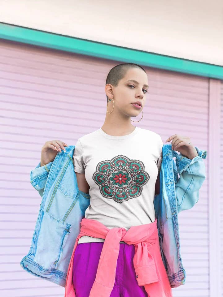 Mandala 23, White Women's T-shirt, 100% cotton Round Neck 00176 for wholesale by ULTRABASIC