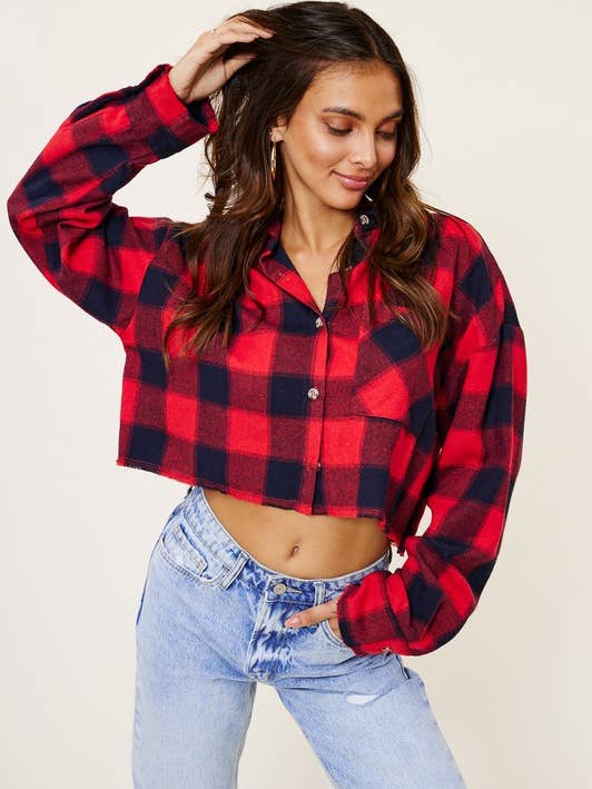 Checkered Print Cropped Shirt with Raw Edge Hem for wholesale by Mimosa