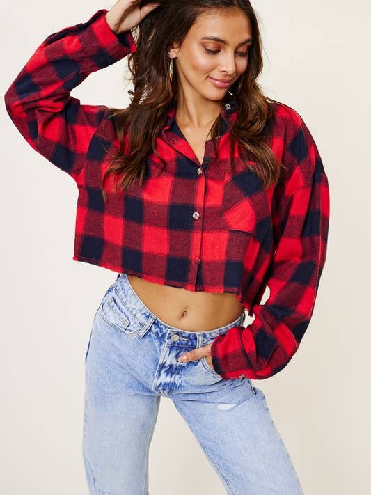 Chemise à carreaux raccourcie avec ourlet brut pour la vente par Mimosa