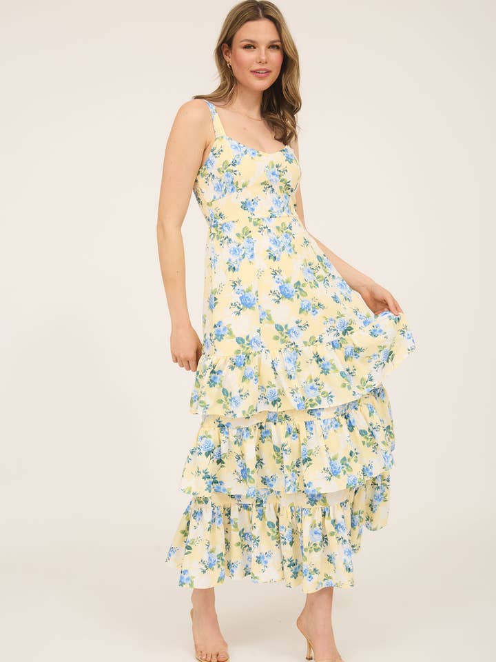 Blu Pepper - Wholesale Dress - Women's - FLORAL SLEEVELESS RUFFLE TIERED HEM MIDI DRESS