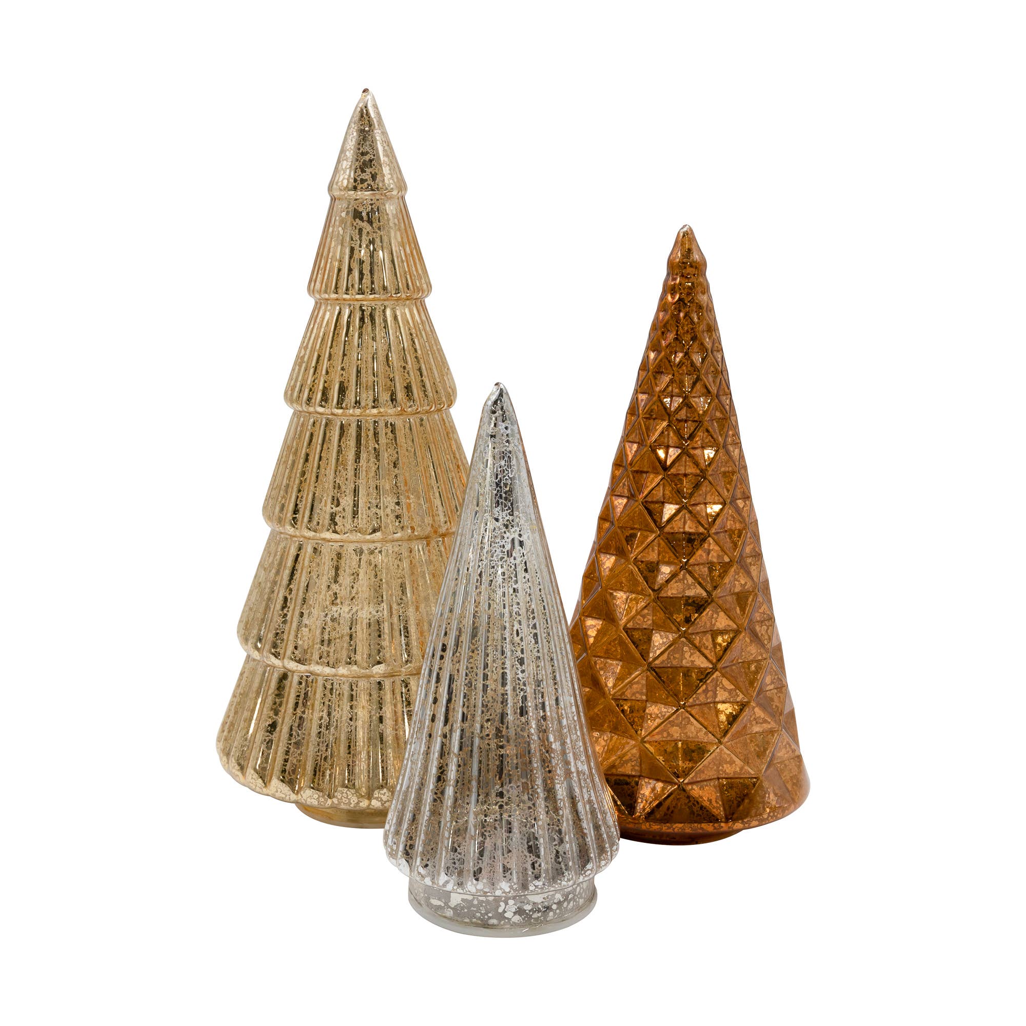 LumaBase - Wholesale Christmas Decoration - Battery-Operated Gold, Bronze & Silver Glass Trees, 3ct2