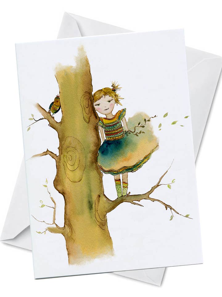 Cartão de Felicitações - Segredo Partilhado - Árvore Mágica Pássaro e Menina por atacado de Oladesign