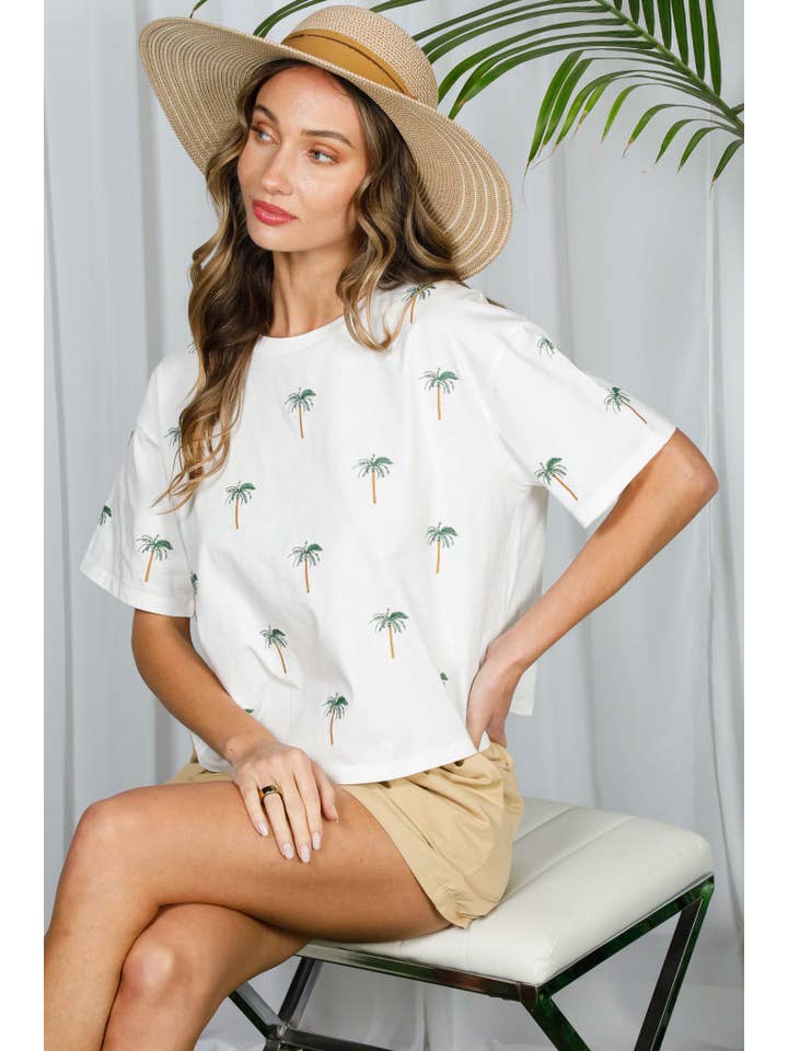 Off White Palm Tree Embroidered 100% Cotton T-Shirt Top VT82318A for wholesale on Faire13