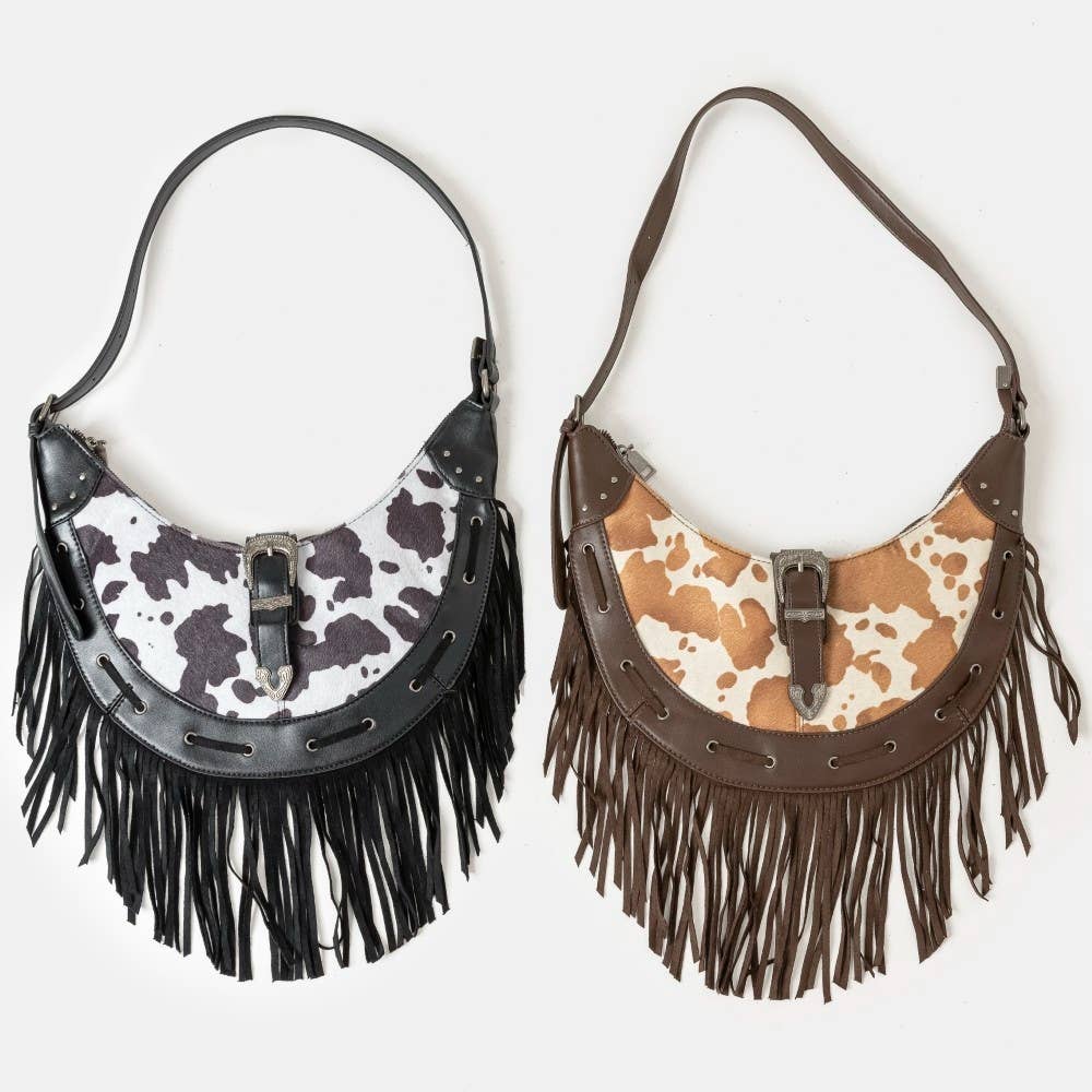 Collections by Fame Accessories – Großhandel Umhängetasche - Damen – Hobo-Tasche aus Leder mit Kuhmuster und Fransen4