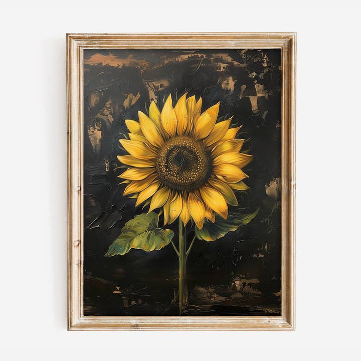 Impresión artística de un solo girasol sobre fondo desgastado para venta al por mayor de Paper House Print Shop