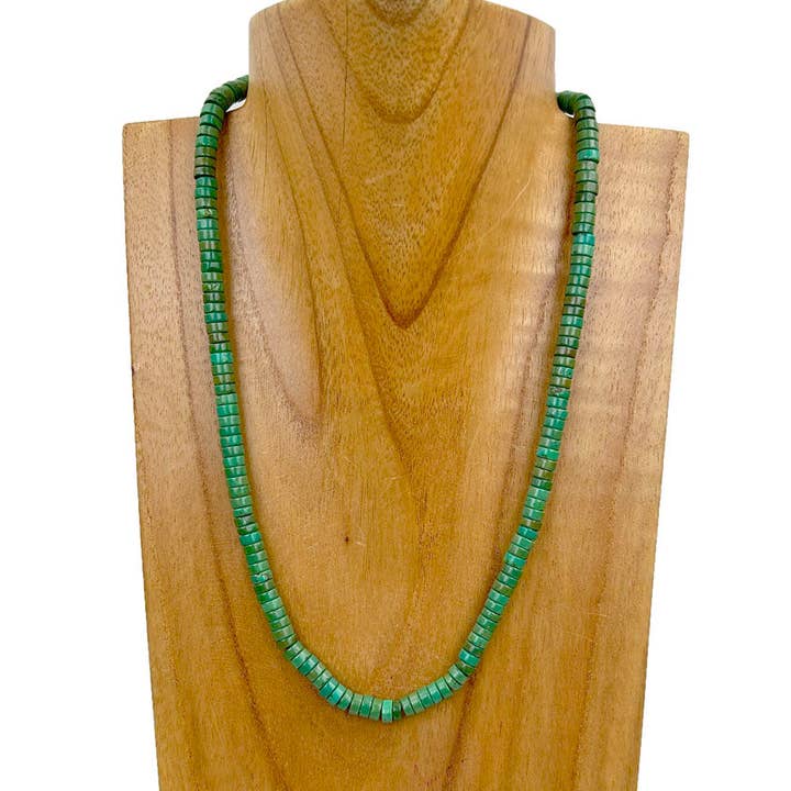 NKZ240312-24 Collier en pierre turquoise à disque Heishi vert foncé de 16 pouces pour la vente par Western Elite Jewelry