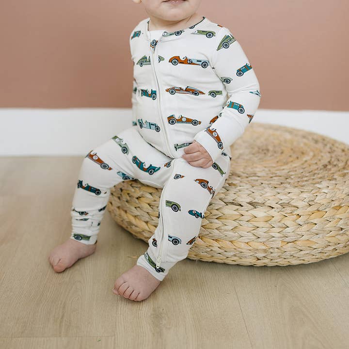 Bamboo Convertible Foot Romper- Vintage Racers for wholesale by The Mini Babe