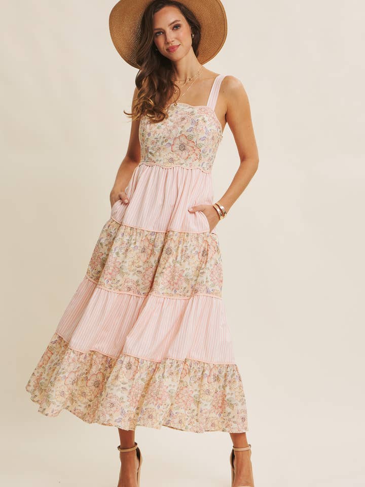 DREAMY IDEAL TIERED MIDI DRESS MIXED IN FLORALS AND STRIPES for wholesale by in february