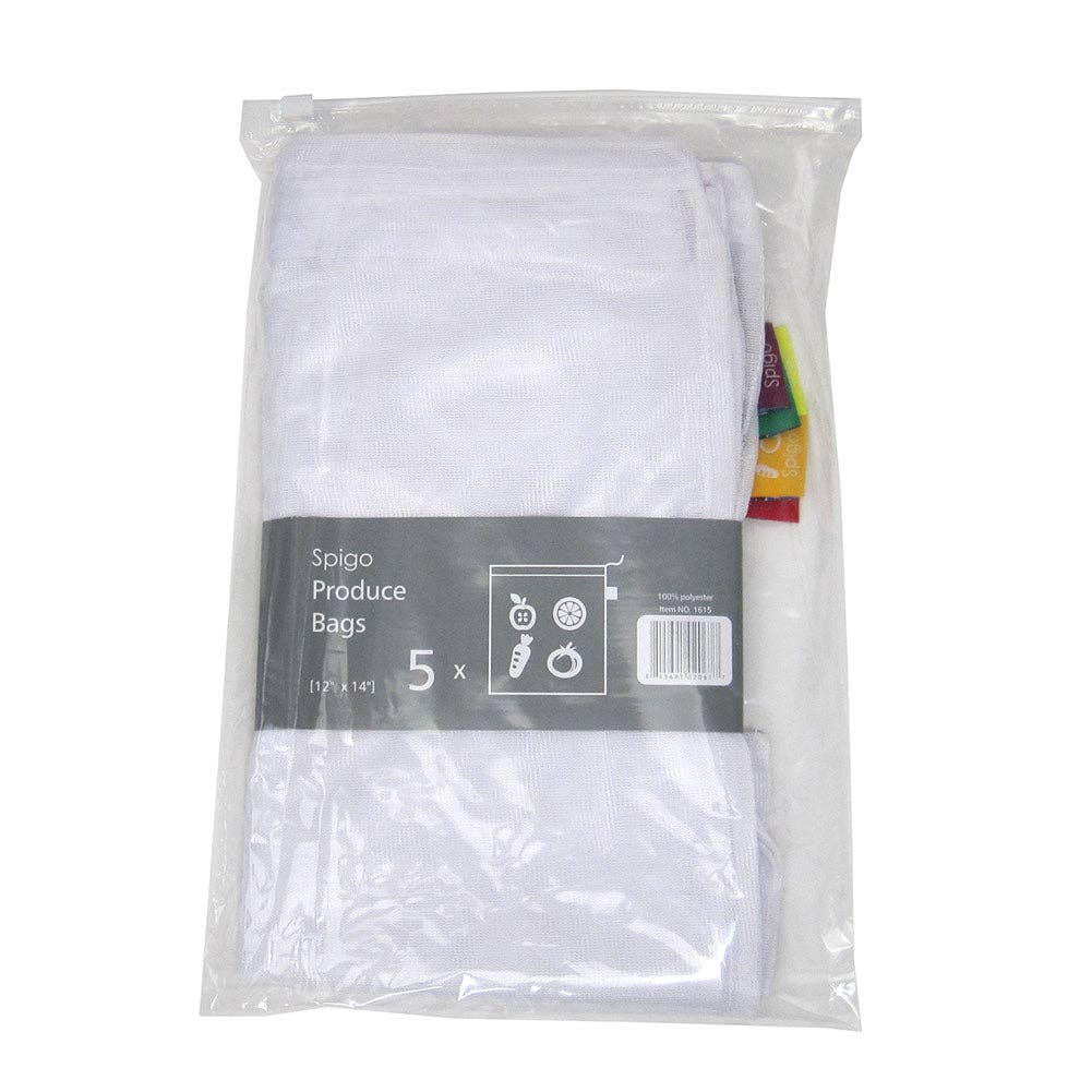 ShopBobbys - Vente Sacs de course/à provisions - Sacs à fruits et légumes en maille réutilisables et lavables Spigo, 5 unités, 12 x 14 pouces4