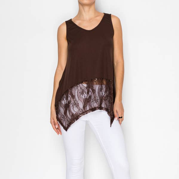 Débardeur doux et décontracté avec ourlet en dentelle délicate et scintillante 501-T18BRN pour la vente par Origami Apparel ~ Lace and Crochet inspired