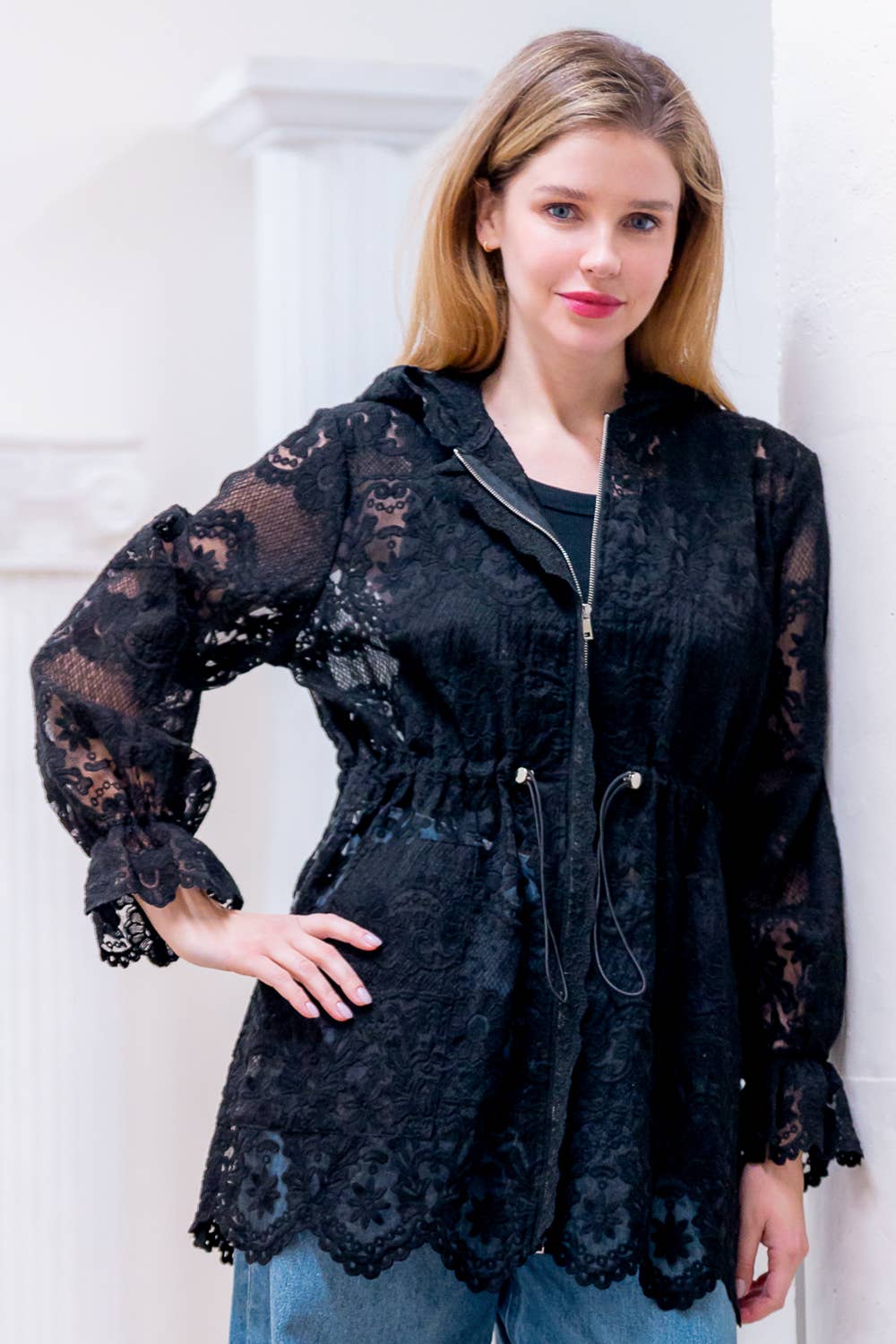 Taelynn - Wholesale Jacket - Women's - HJ75171T-LONG ELASTICIZED HOODED LACE JACKET