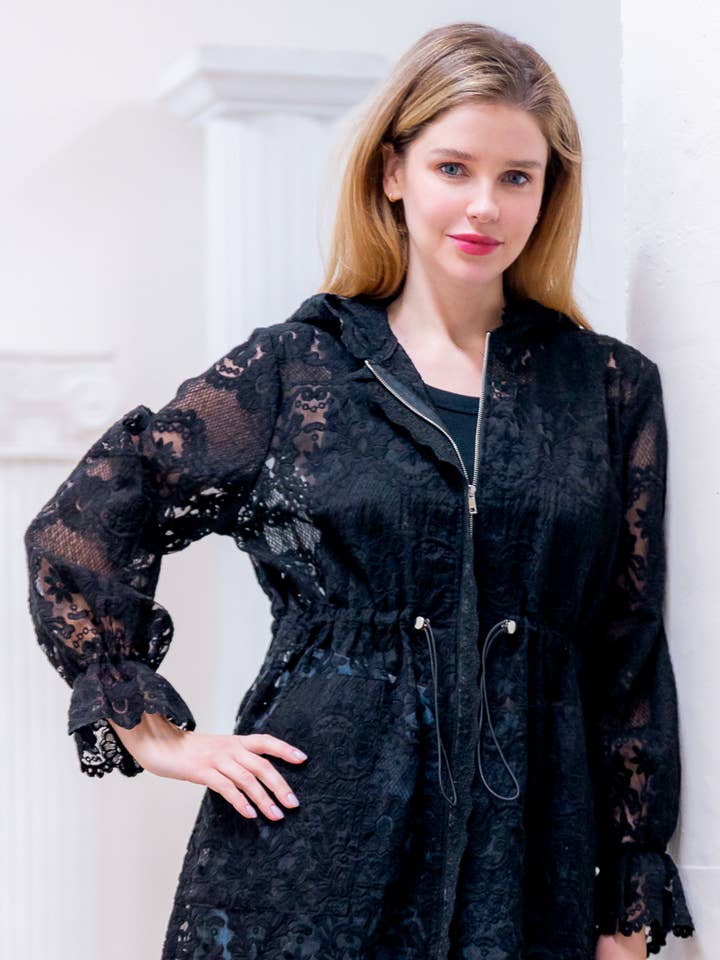 Taelynn - Wholesale Jacket - Women's - HJ75171T-LONG ELASTICIZED HOODED LACE JACKET0