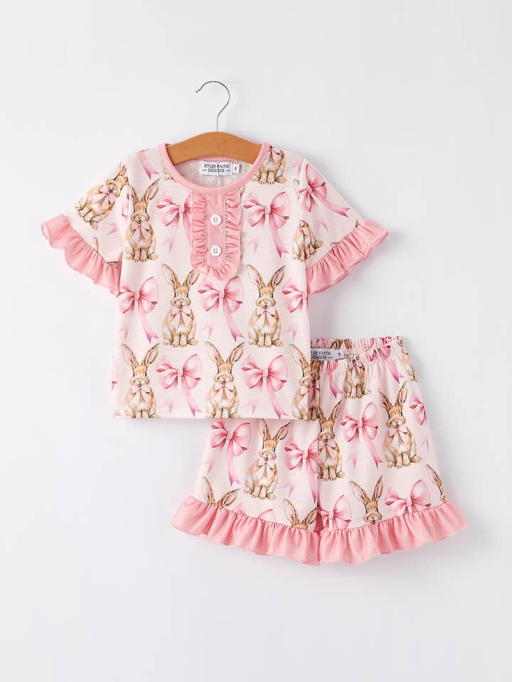 Easter Girls Pink Bunny Floral Print Pajamas Set for wholesale by Rylee Faith Designs
