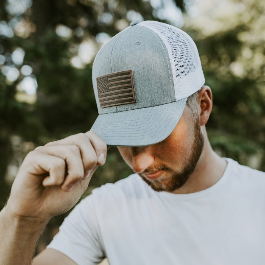 Range Leather Co. - Wholesale Trucker Hat - Unisex - American Flag Hat - Leather Patch Trucker Snapback3