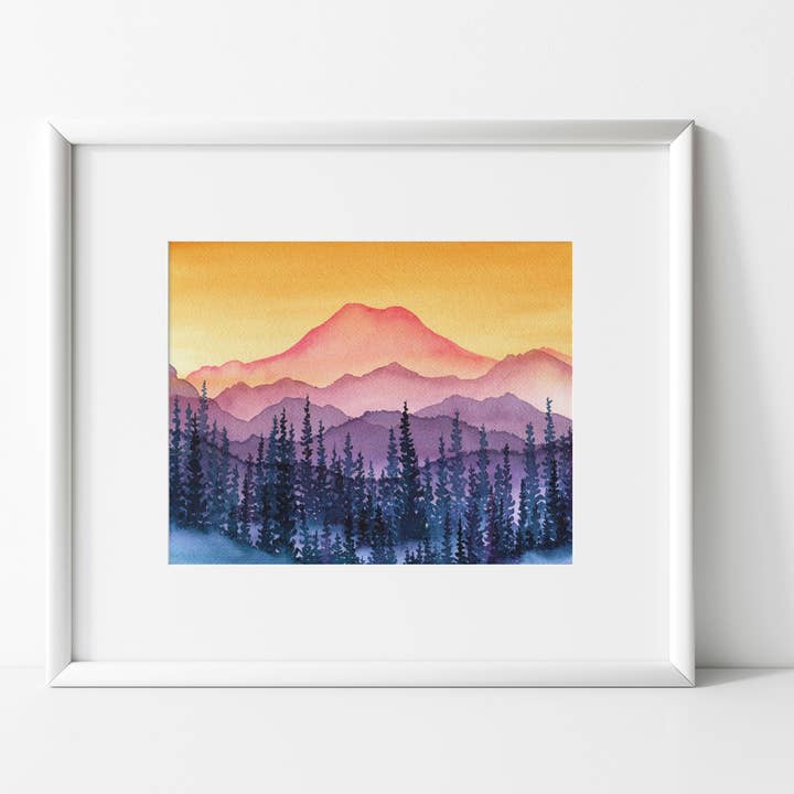 Golden Hour Aquarel Kunstdruk van de Berg voor wholesale door Shelby Thayne Art