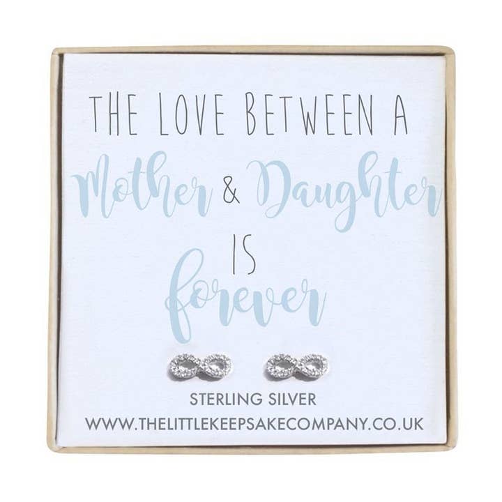 Sterling zilveren en CZ Infinity Quote oorbellen - De liefde tussen moeder en dochter is voor altijd voor wholesale door The Little Keepsake Company