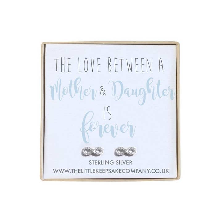 Sterling Silver & CZ Infinity Quote Earrings - The Love Between A Mother & Daughter Is Forever for wholesale by The Little Keepsake Company
