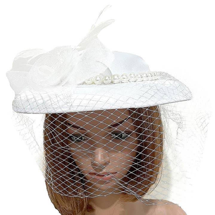 Diacly - Wholesale Fascinator Hat - Women's - Front Veil Bold Pearls Satin Fascinator Hat