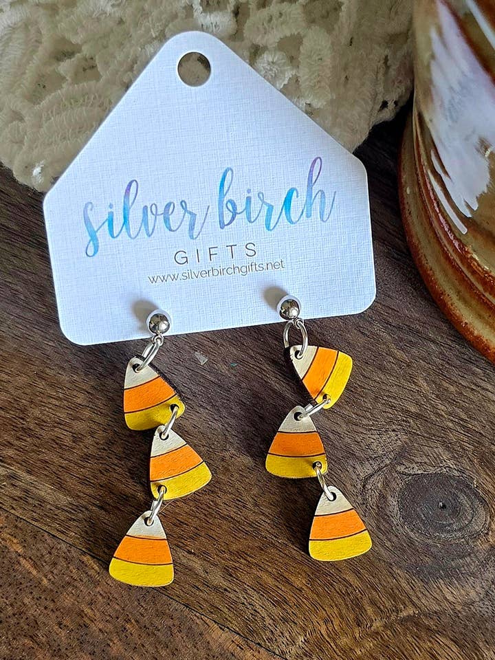Autumn Candy Corn Dangle Earrings/Wood Earrings/Fall for wholesale by Silver Birch Designs Jewelry